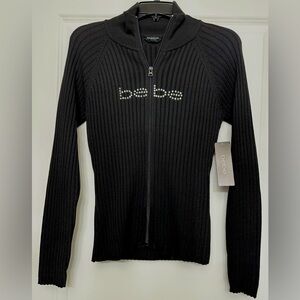 Bebe Black Ribbed Zip up Sweater with Rhinestone Logo